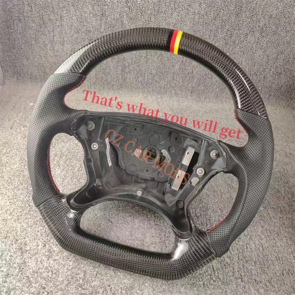 Custom Perforated Leather Real Carbon Fiber Steering Wheel Auto Accessory Tricolor Center Strip Fit For BENZ E 2004 2005 2006 2007 2008 Remanufactured