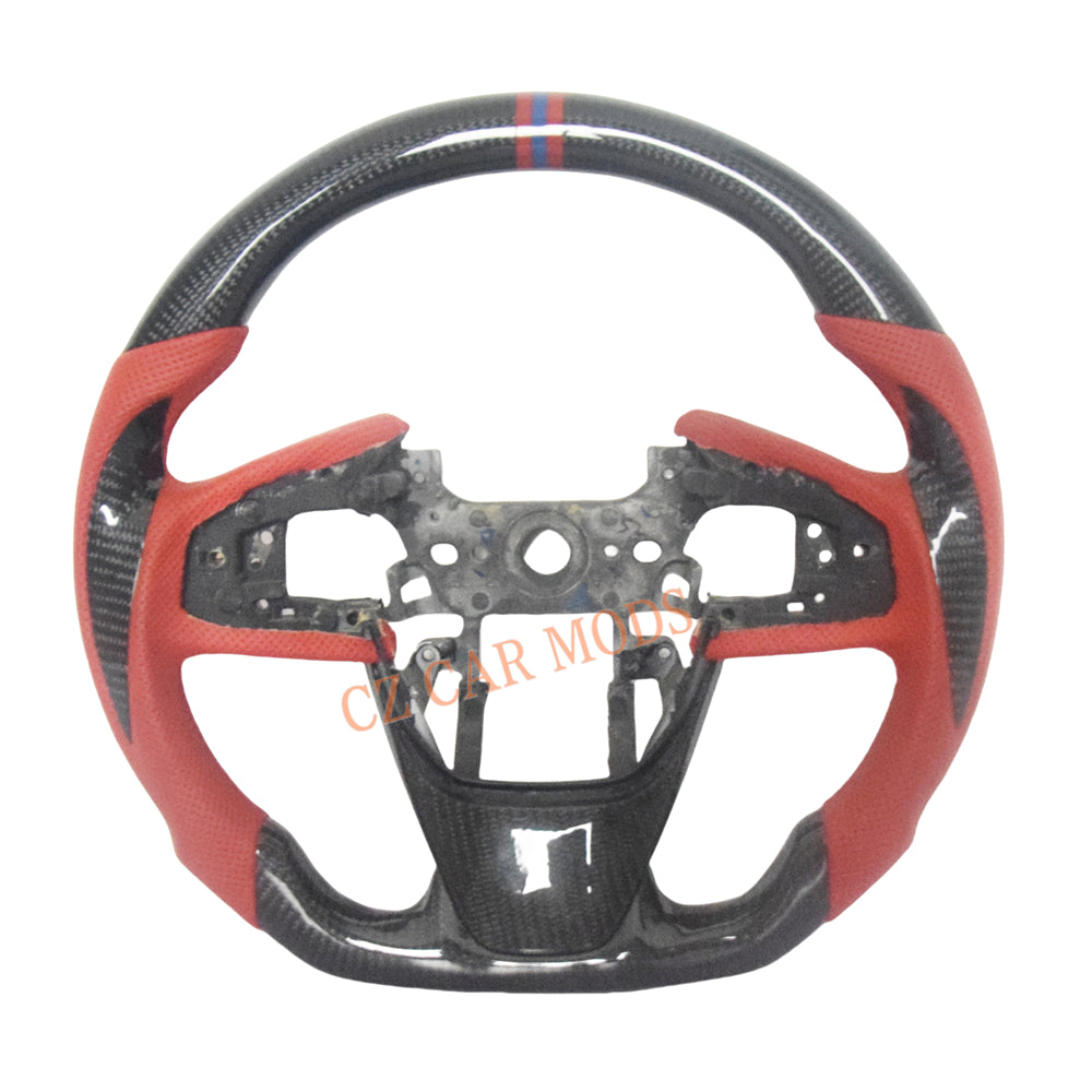 Customized Red Perforated Leather Carbon Fiber Steering Wheel Auto Accessory Remanufactured For Honda Civic 10th GEN 2016 2017 2018 2019 2020 2021