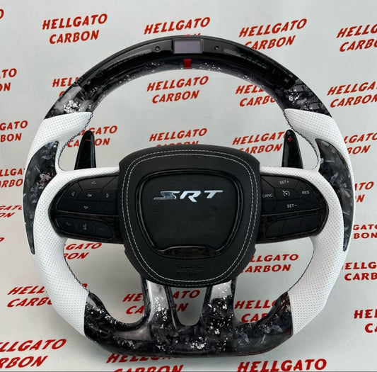 Forged Carbon Fiber with white foil white leather Steering Wheel  Fit For 2015 -2020 Chrysler Dodge Charger  with LED