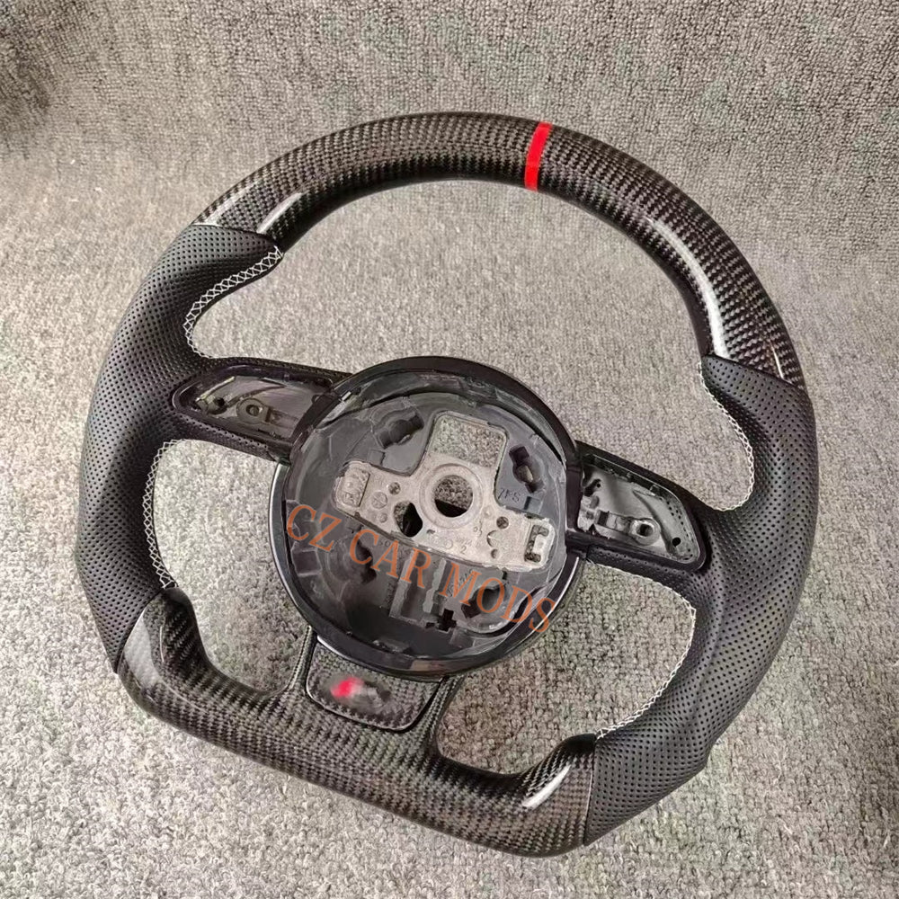 Custom Remanufactured Perforated Leather Carbon Fiber Steering Wheel Auto Accessory Red Center Strip For Audi A4 RS7 2012 2013 2014 2015 2016