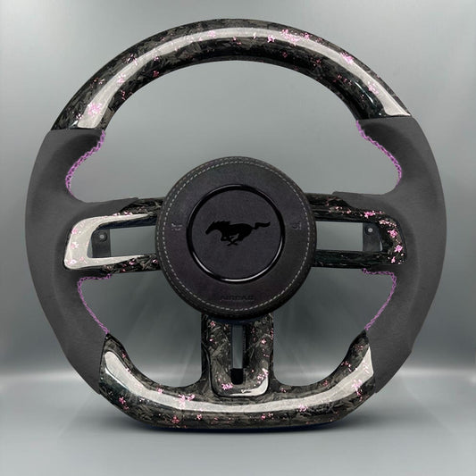 Forged Carbon Fiber with pink foil black Alcantara Steering Wheel Fit For 2018 2019 2020 Ford Mustang with Airbag cover