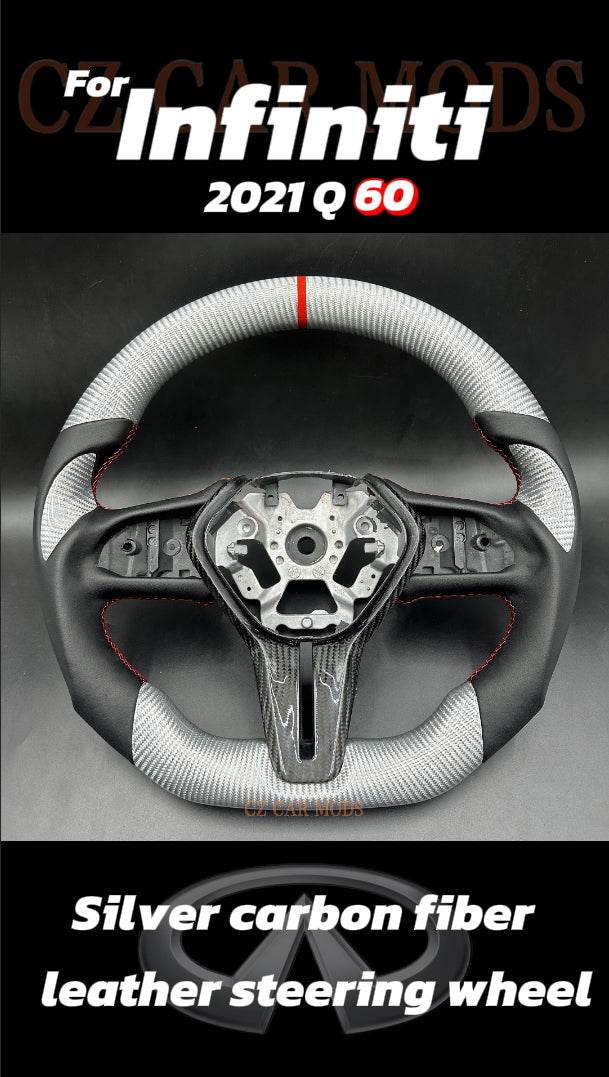 Customized silvery Carbon Fiber Smooth Leather red Stitch red Strip Steering Wheel Fit For Infiniti 2021 Q60