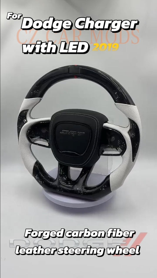 Customized black Forged Carbon Fiber white Perforated Leather Steering Wheel Fit For Dodge Charger with LED 2019