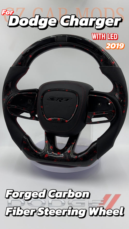 Customized black Forged Carbon Fiber Perforated Leather Steering Wheel Fit For Dodge Charger With LED 2019