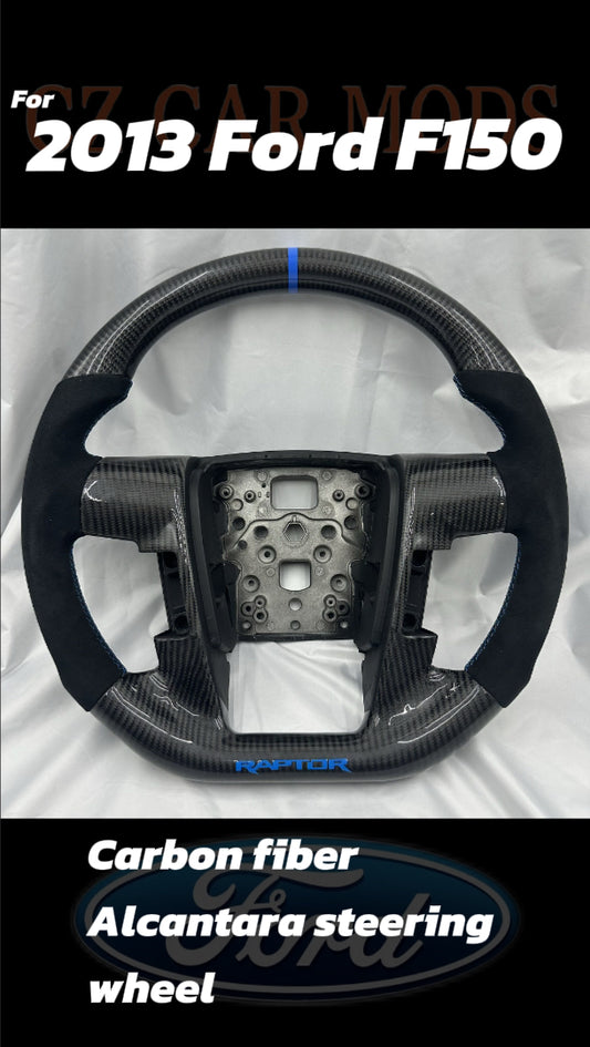 Customized black Carbon Fiber Alcantara blue Strip Steering Wheel Fit For 2013 Ford F150