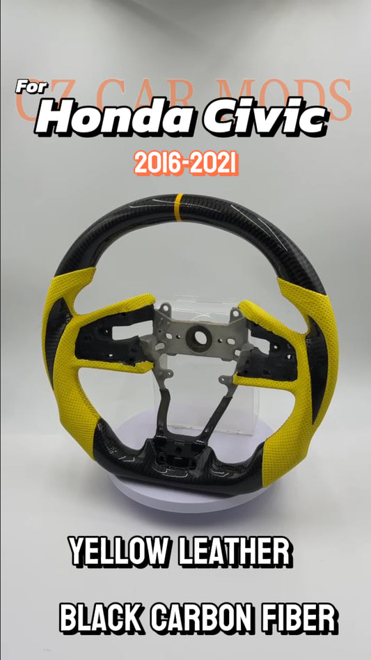 Customized black Carbon Fiber yellow Perforated Leather Strip Steering Wheel Fit For Honda Civic 2016 2017 2018 2019 2020 2021