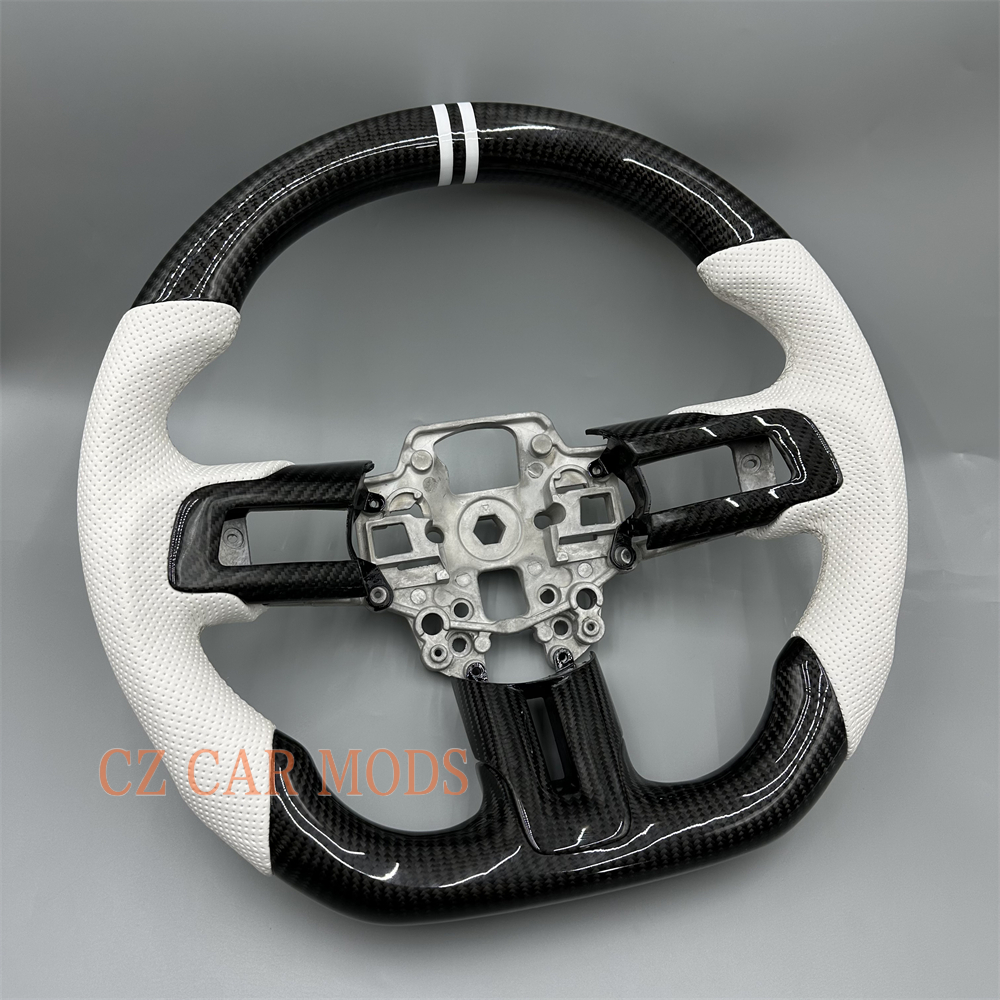 Customized Black forged carbon fiber white Perforated leather strip steering wheel for 2018 2019 2020 Ford Mustang