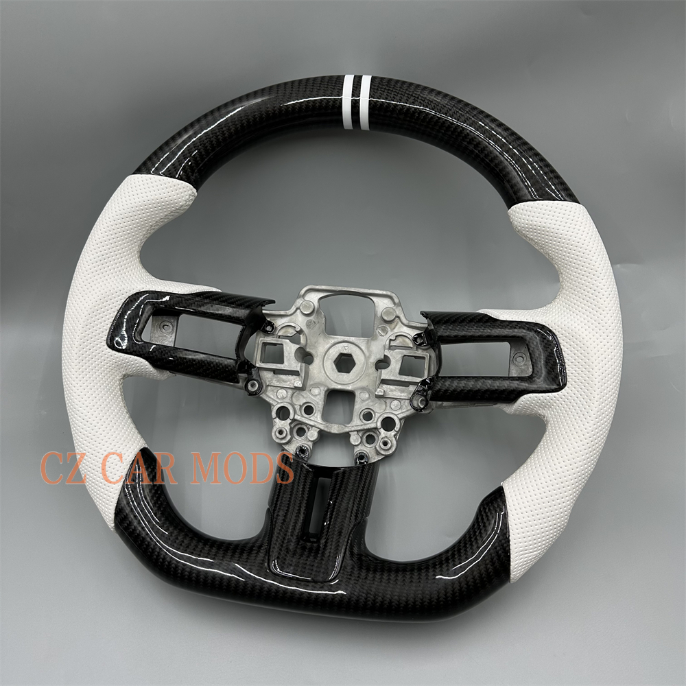 Customized Black forged carbon fiber white Perforated leather strip steering wheel for 2018 2019 2020 Ford Mustang