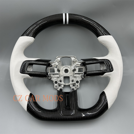 Customized Black forged carbon fiber white Perforated leather strip steering wheel for 2018 2019 2020 Ford Mustang