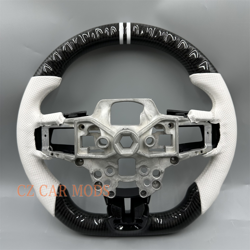Customized Black forged carbon fiber white Perforated leather strip steering wheel for 2018 2019 2020 Ford Mustang