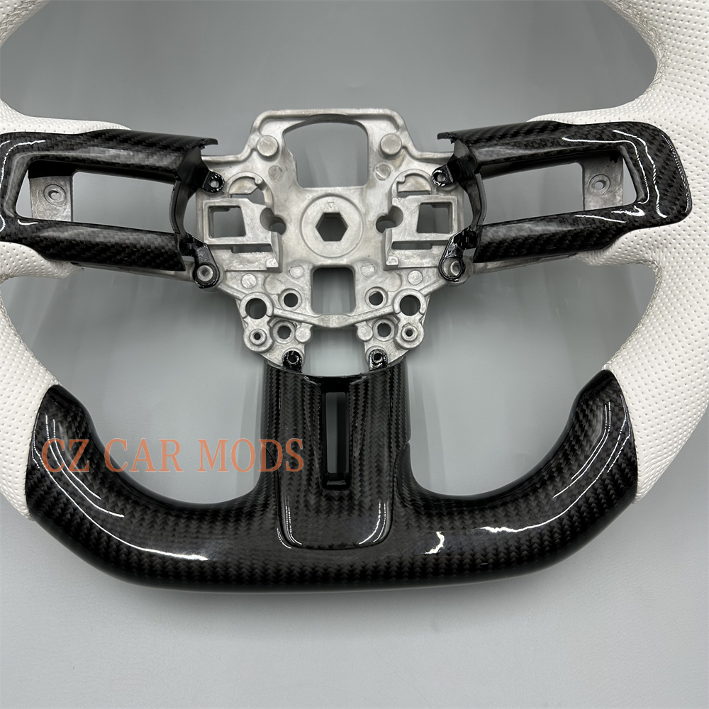 Customized Black forged carbon fiber white Perforated leather strip steering wheel for 2018 2019 2020 Ford Mustang