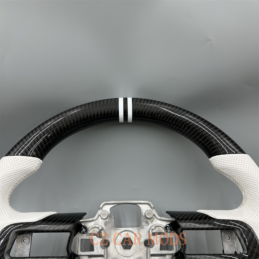 Customized Black forged carbon fiber white Perforated leather strip steering wheel for 2018 2019 2020 Ford Mustang