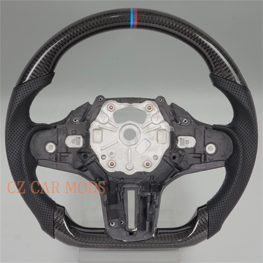 customized black carbon fiber perforated leather blue red strip For 2020 2021 2022 2023 2024 BMW X7 X5 X6 G30 steering wheel
