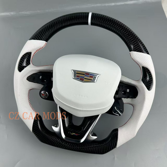 Customized Black carbon fiber White leather strip red stitch steering wheel for 2022 2023 2024 2025 Cadillac CT5