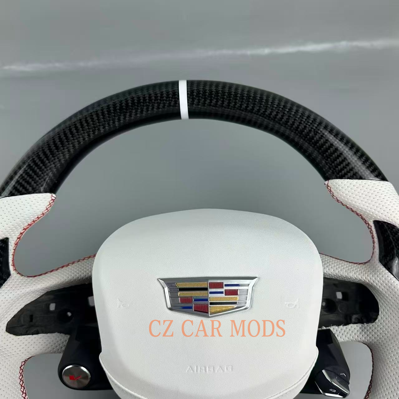 Customized Black carbon fiber White leather strip red stitch steering wheel for 2022 2023 2024 2025 Cadillac CT5