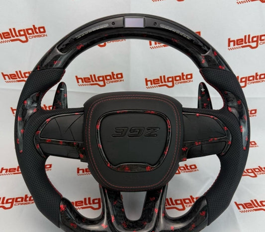 Black Forged Carbon Fiber with red foil black leather Steering Wheel  Fit For 2015 -2020 Chrysler Dodge Charger  with LED with shift paddles