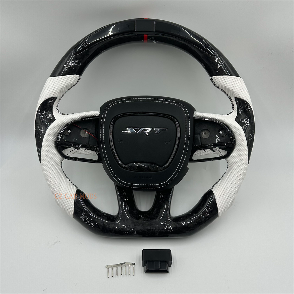 Customized black Forged Carbon Fiber white Perforated Leather Steering Wheel Fit For Dodge Charger with LED 2019
