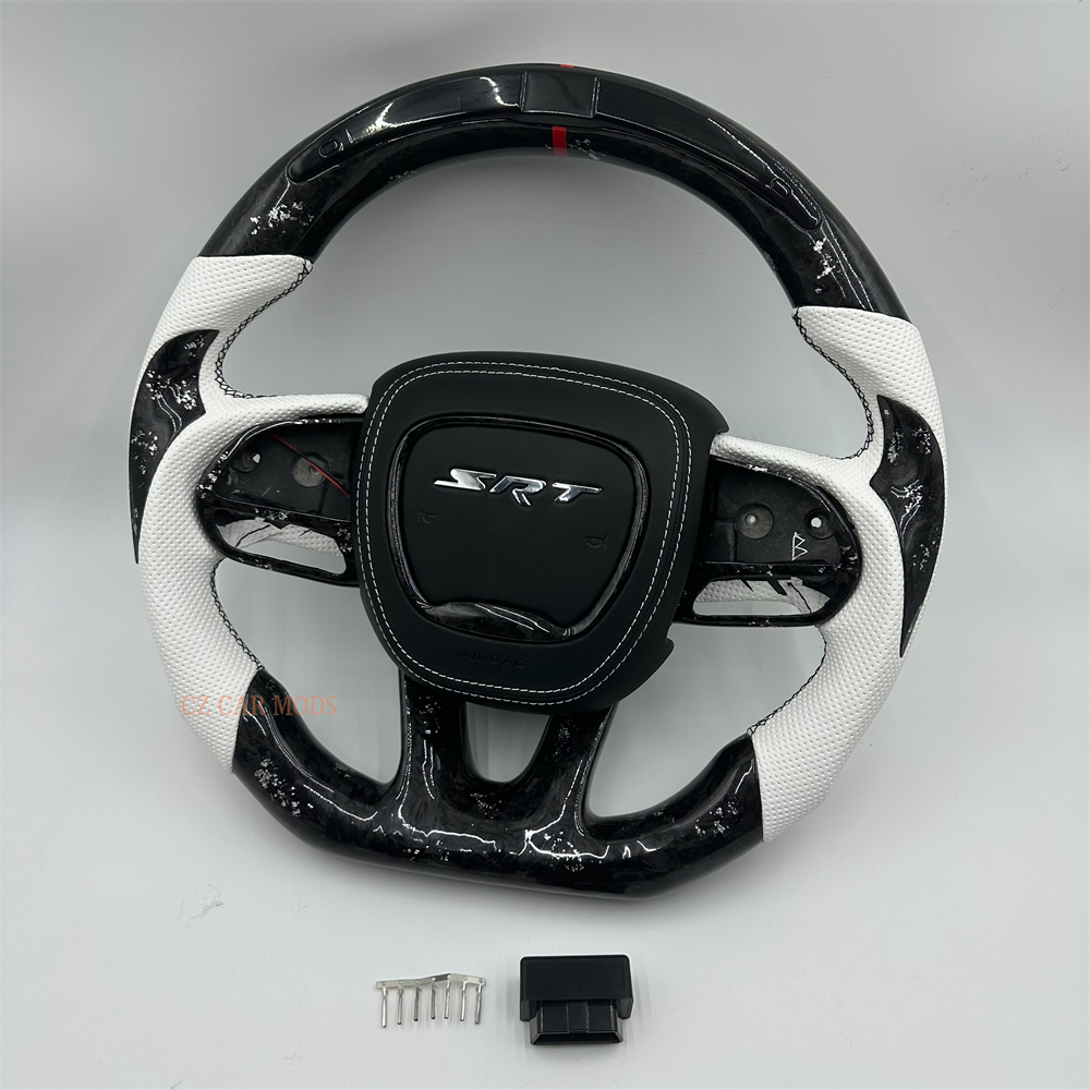 Customized black Forged Carbon Fiber white Perforated Leather Steering Wheel Fit For Dodge Charger with LED 2019