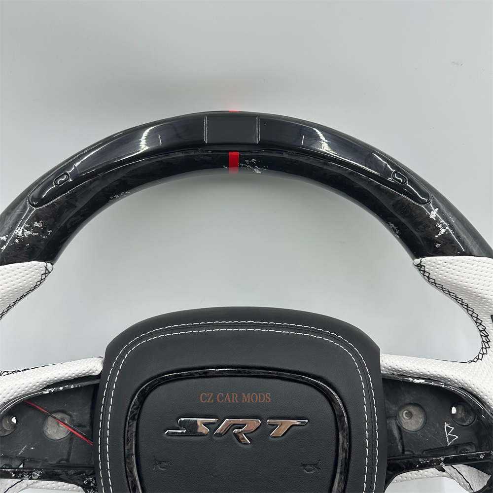Customized black Forged Carbon Fiber white Perforated Leather Steering Wheel Fit For Dodge Charger with LED 2019