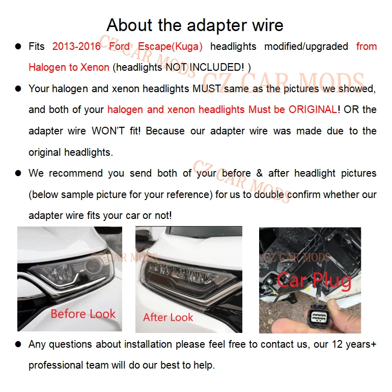 Adarter Wire Harness for 2013 2014 2015 2016 Ford Escape Kuga Headlight Halogen to Xenon
