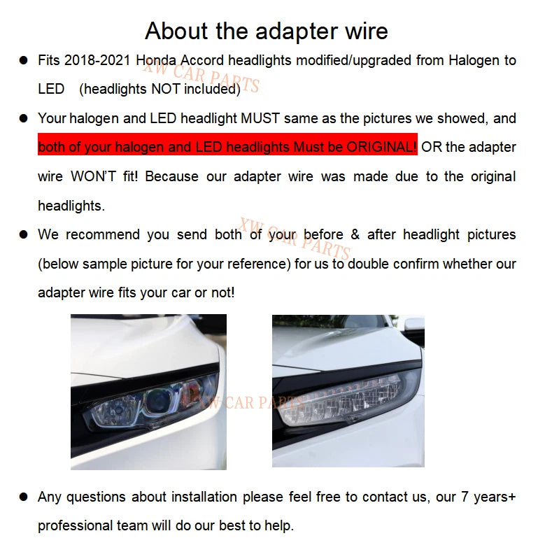 Adapter Wire Harness Headlight Halogen Upgrade To LED For 2018 2019 2020 2021 Honda Accord