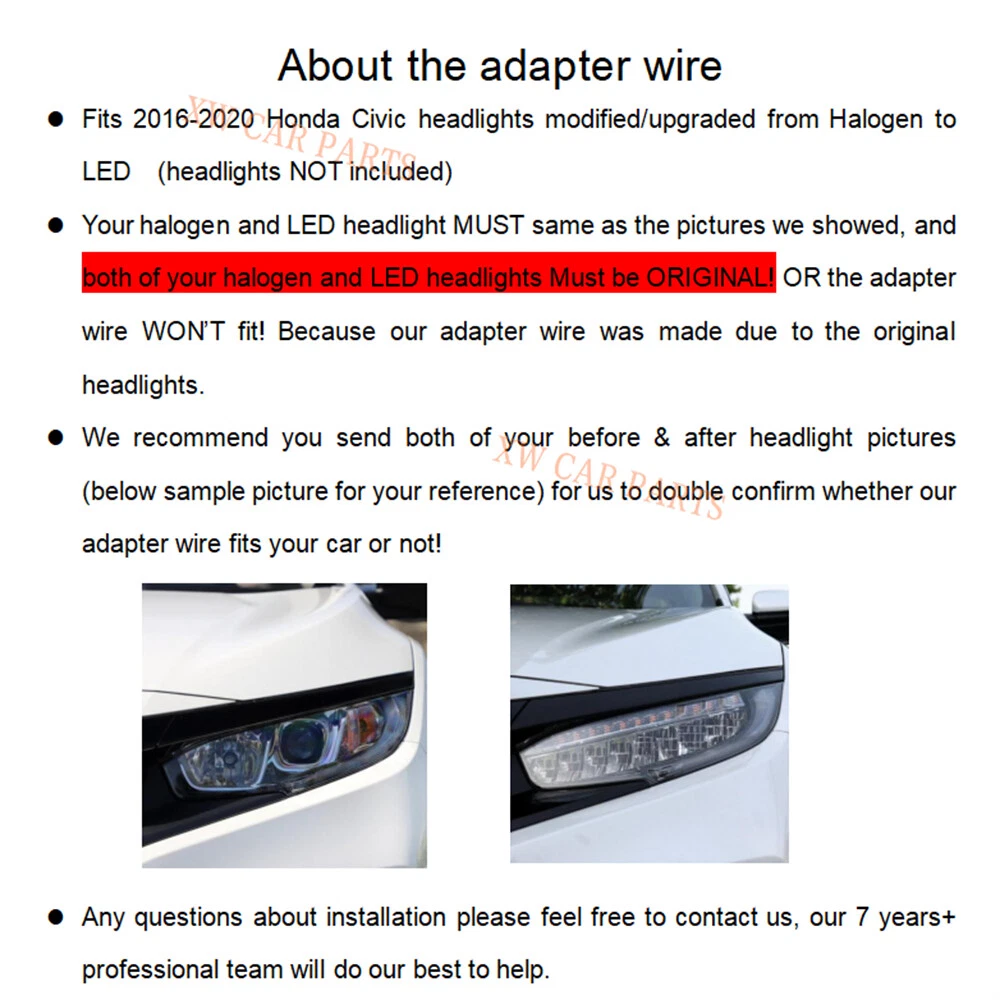 Headlight Halogen to LED Adapter Wiring Harness For 2016 2017 2018 2019 2020 Honda Civic 10th