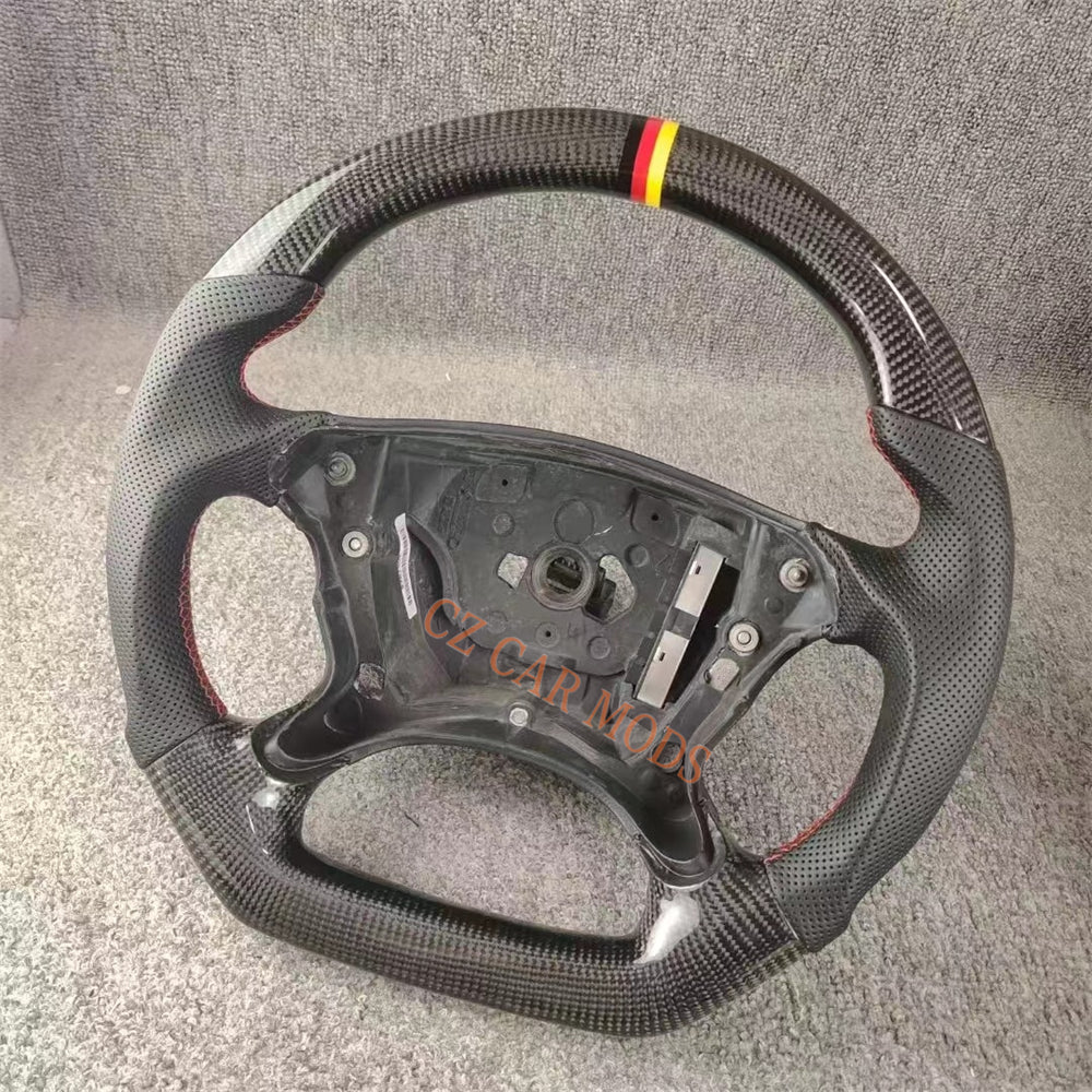 Custom Perforated Leather Real Carbon Fiber Steering Wheel Auto Accessory Tricolor Center Strip Fit For BENZ E 2004 2005 2006 2007 2008 Remanufactured