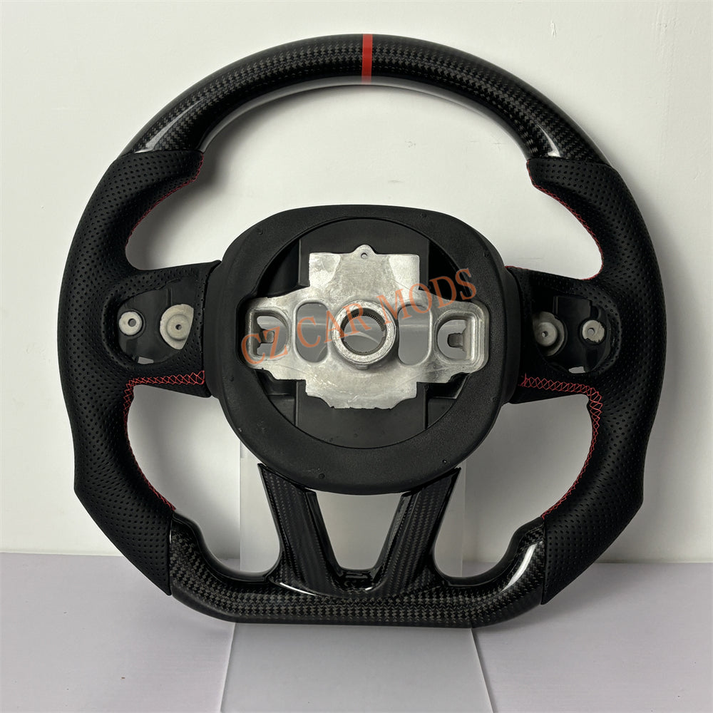 Customized Brand New Perforated Leather Real Carbon Fiber Steering Wheel Auto Accessory Red Strip For Dodge Challenger 2015 2016 2017 2018 2020 2021 2022