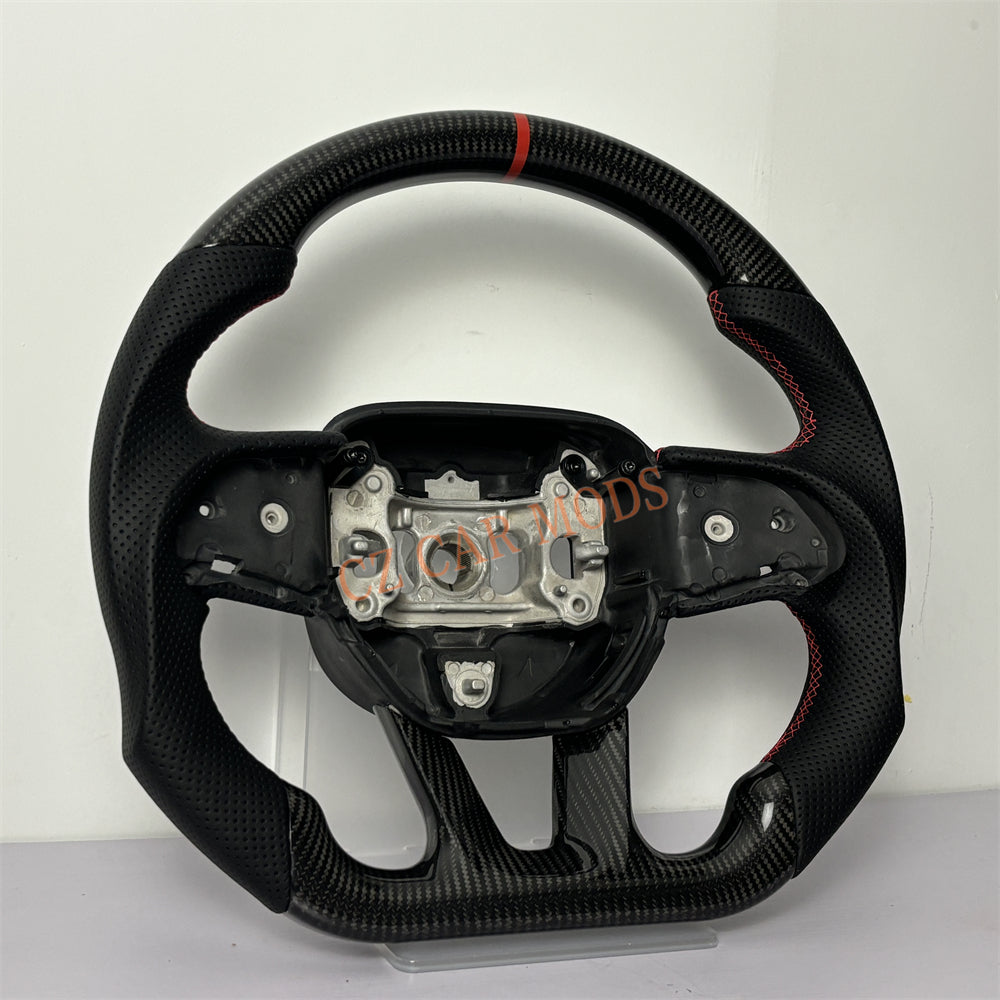Customized Brand New Perforated Leather Real Carbon Fiber Steering Wheel Auto Accessory Red Strip For Dodge Challenger 2015 2016 2017 2018 2020 2021 2022