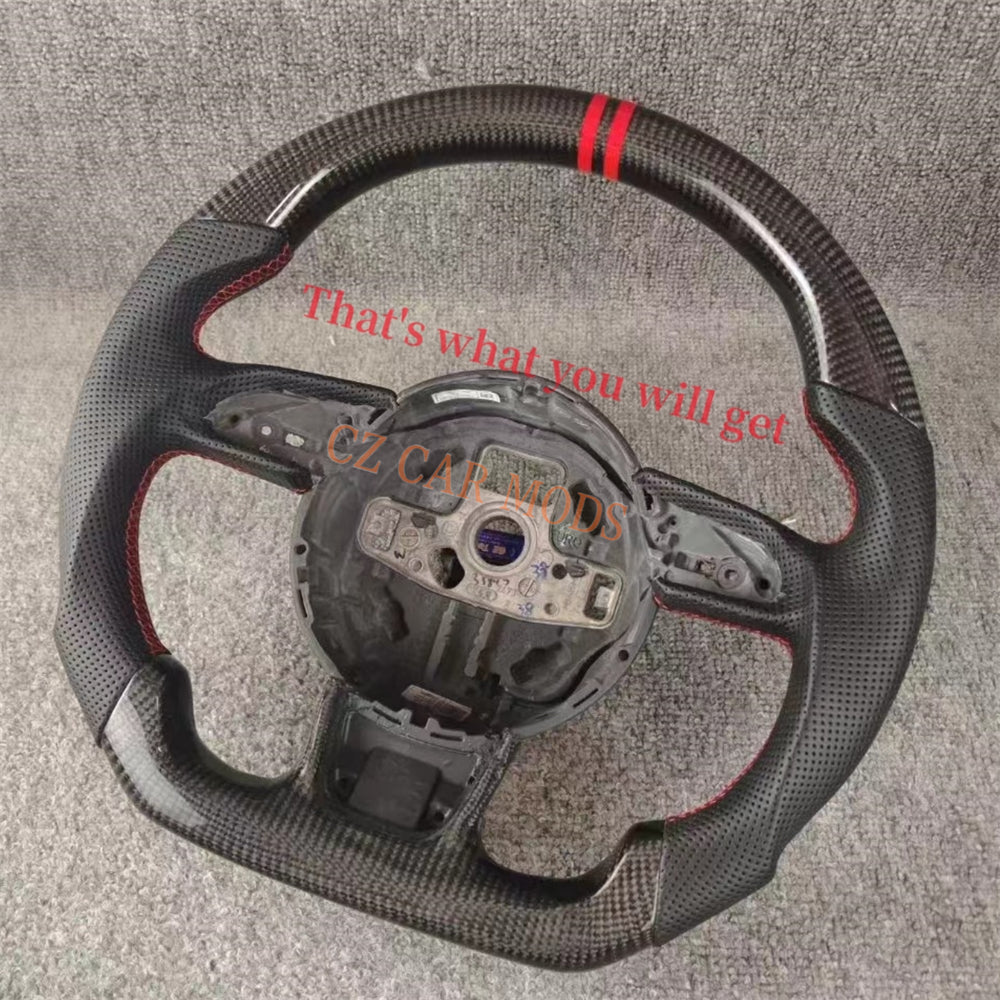 Customized Remanufactured Perforated Leather Carbon Fiber Steering Wheel Auto Accessory Red Center Strip Fit For Audi A4 RS3 2012-2016 RS4 2013-2018 RS5 2012-2016 RS6 2013-2018 RS7 2012-2016 RSQ3 2012-2016 S3 2016-2021 S4 2012-2015