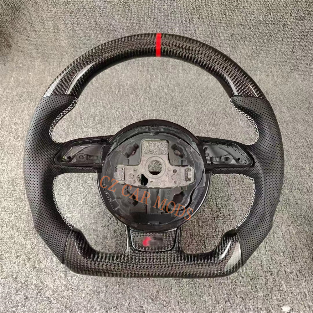 Custom Remanufactured Perforated Leather Real Carbon Fiber Steering Wheel Auto Accessory Red Center Strip Fit For Audi A4 RS3 2012-2016 RS4 2013-2018 RS5 2012-2016 RS6 2013-2018 RS7 2012-2016 RSQ3 2012-2016 S3 2016-2021 S4 2012-2015