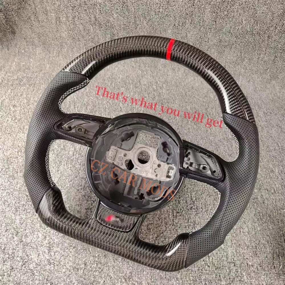 Custom Remanufactured Perforated Leather Real Carbon Fiber Steering Wheel Auto Accessory Red Center Strip Fit For Audi A4 RS3 2012-2016 RS4 2013-2018 RS5 2012-2016 RS6 2013-2018 RS7 2012-2016 RSQ3 2012-2016 S3 2016-2021 S4 2012-2015