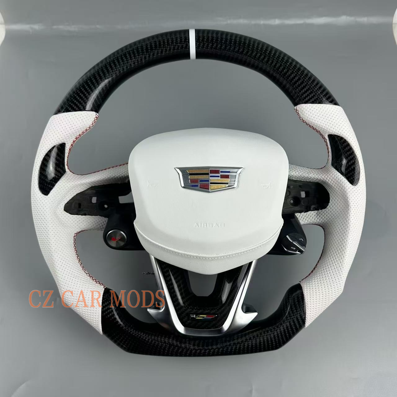Customized Black carbon fiber White leather strip red stitch steering wheel for 2022 2023 2024 2025 Cadillac CT5