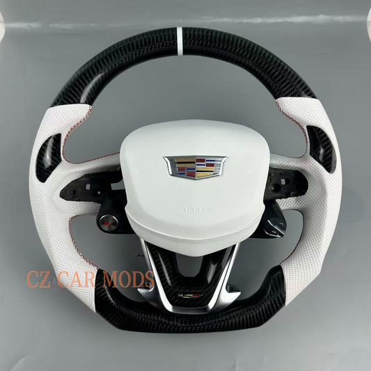 Customized Black carbon fiber White leather strip red stitch steering wheel for 2022 2023 2024 2025 Cadillac CT5