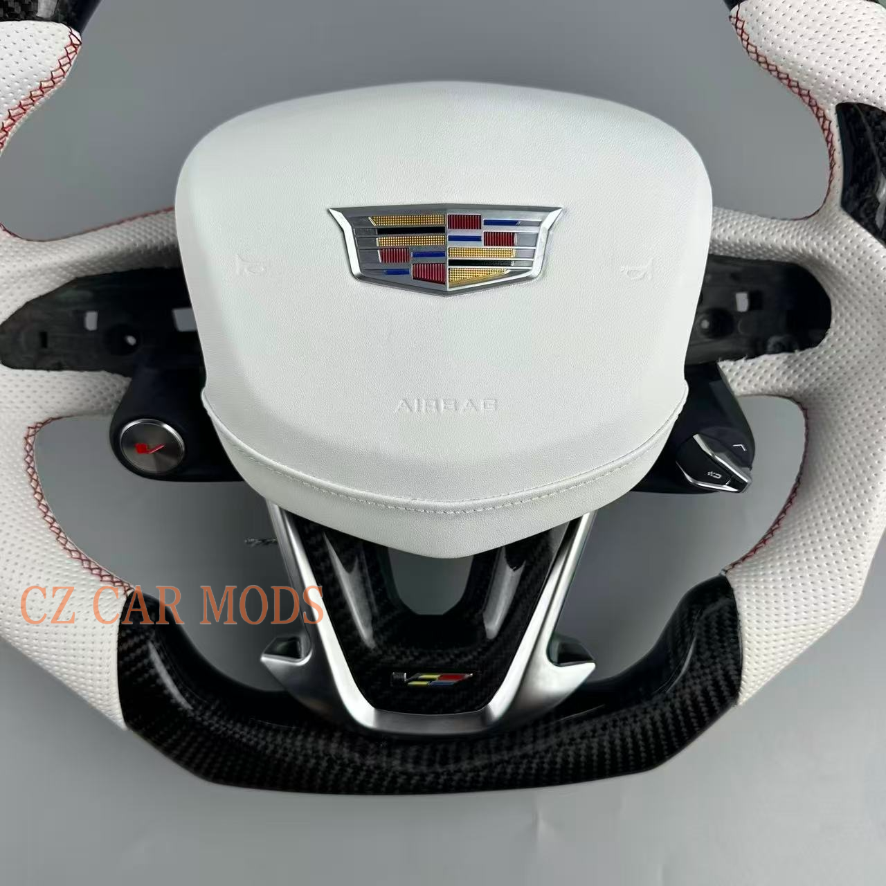 Customized Black carbon fiber White leather strip red stitch steering wheel for 2022 2023 2024 2025 Cadillac CT5