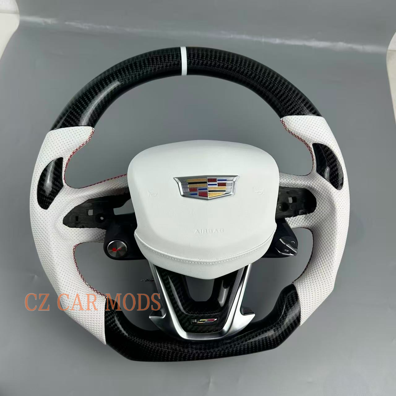 Customized Black carbon fiber White leather strip red stitch steering wheel for 2022 2023 2024 2025 Cadillac CT5