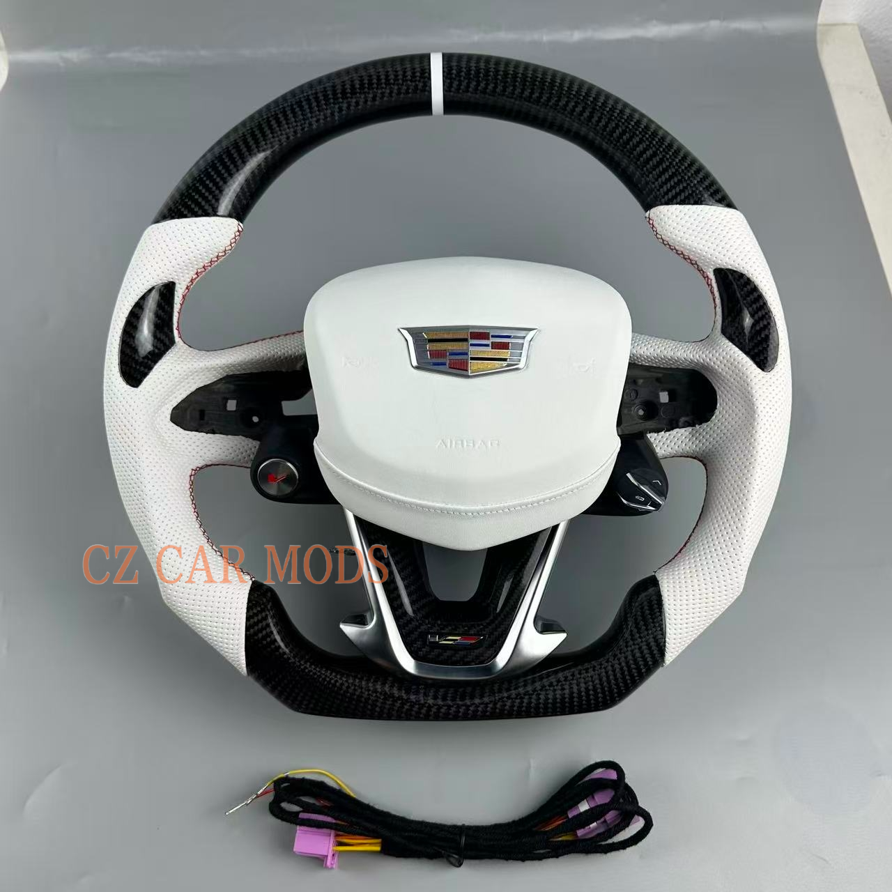 Customized Black carbon fiber White leather strip red stitch steering wheel for 2022 2023 2024 2025 Cadillac CT5