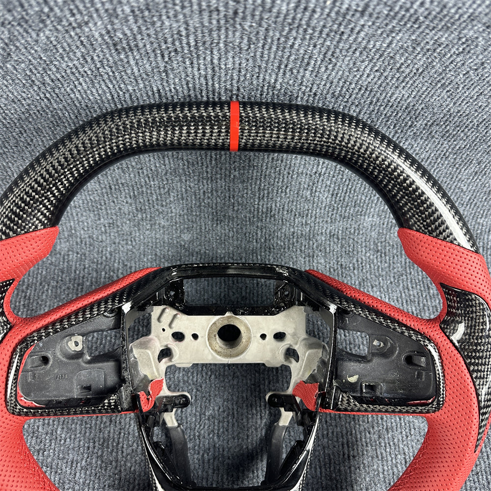 Black carbon fiber red leather steering wheel for 2016-2021 honda civic