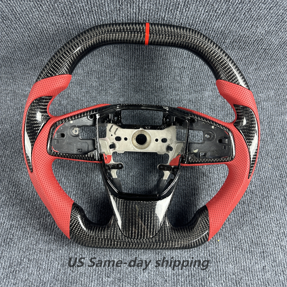 Black carbon fiber red leather steering wheel for 2016-2021 honda civic