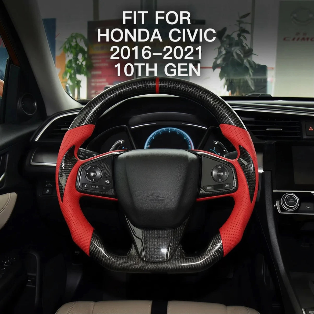 Black carbon fiber red leather steering wheel for 2016-2021 honda civic