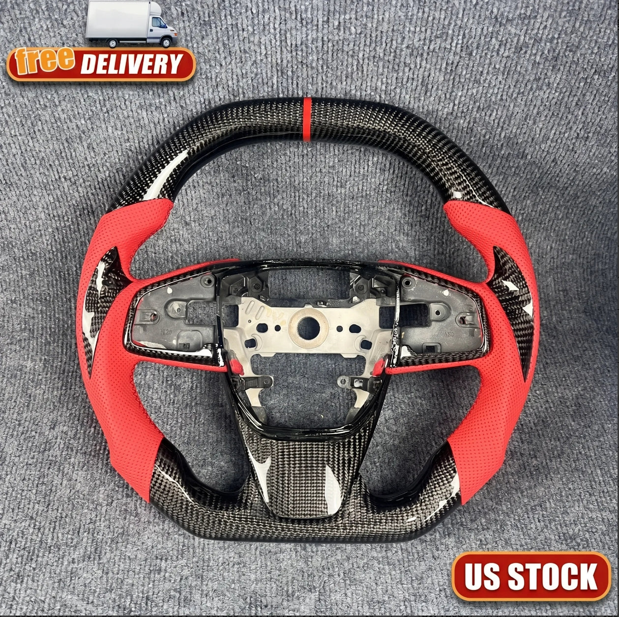 Black carbon fiber red leather steering wheel for 2016-2021 honda civic