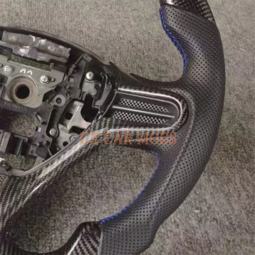 Custom Perforated Leather Real Carbon Fiber Steering Wheel With Blue Center Strip Auto Accessory For Honda Jazz 2009 2010 2011 2012 2013 2014 Remanufactured