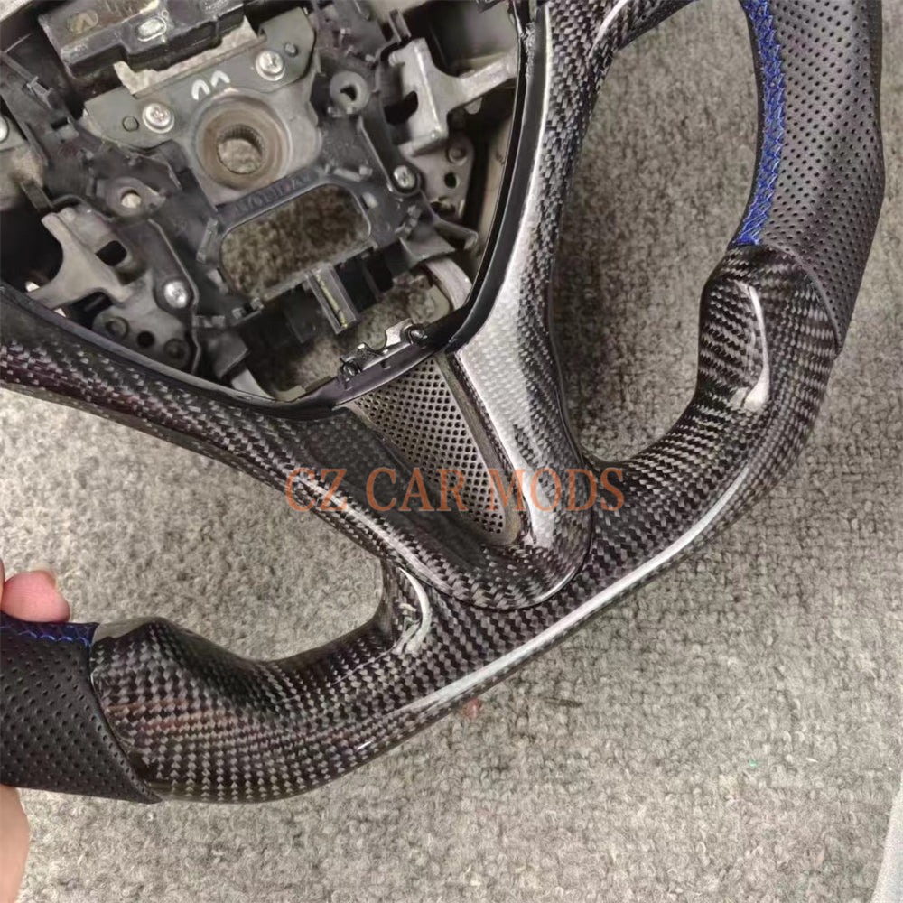 Custom Perforated Leather Real Carbon Fiber Steering Wheel With Blue Center Strip Auto Accessory For Honda Jazz 2009 2010 2011 2012 2013 2014 Remanufactured