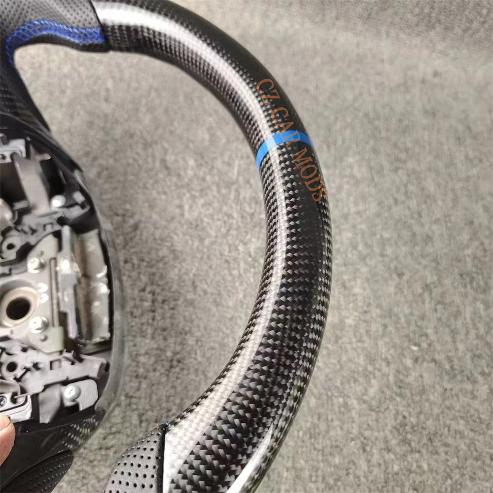 Custom Perforated Leather Real Carbon Fiber Steering Wheel With Blue Center Strip Auto Accessory For Honda Jazz 2009 2010 2011 2012 2013 2014 Remanufactured