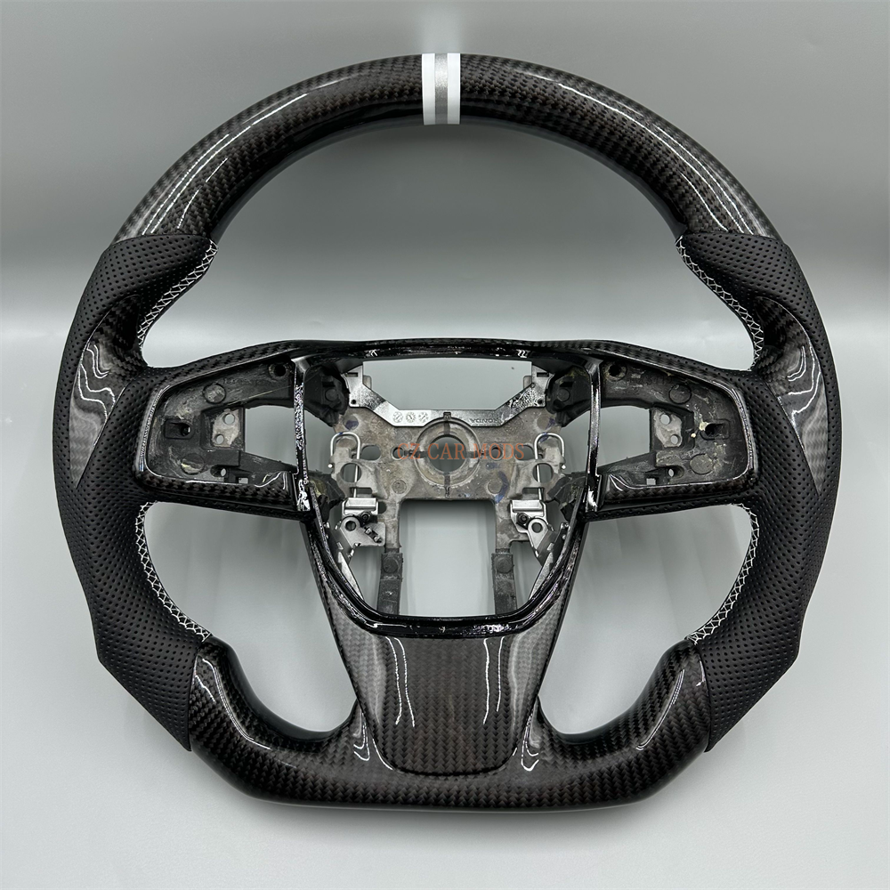 Customized black Carbon Fiber Black Perforated Leather white silvery Strip Steering Wheel Fit For 2019 Honda CRV