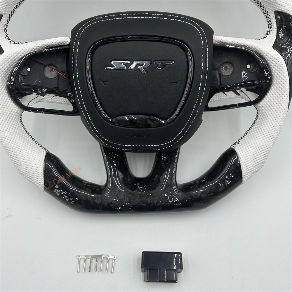 Customized black Forged Carbon Fiber white Perforated Leather Steering Wheel Fit For Dodge Charger with LED 2019